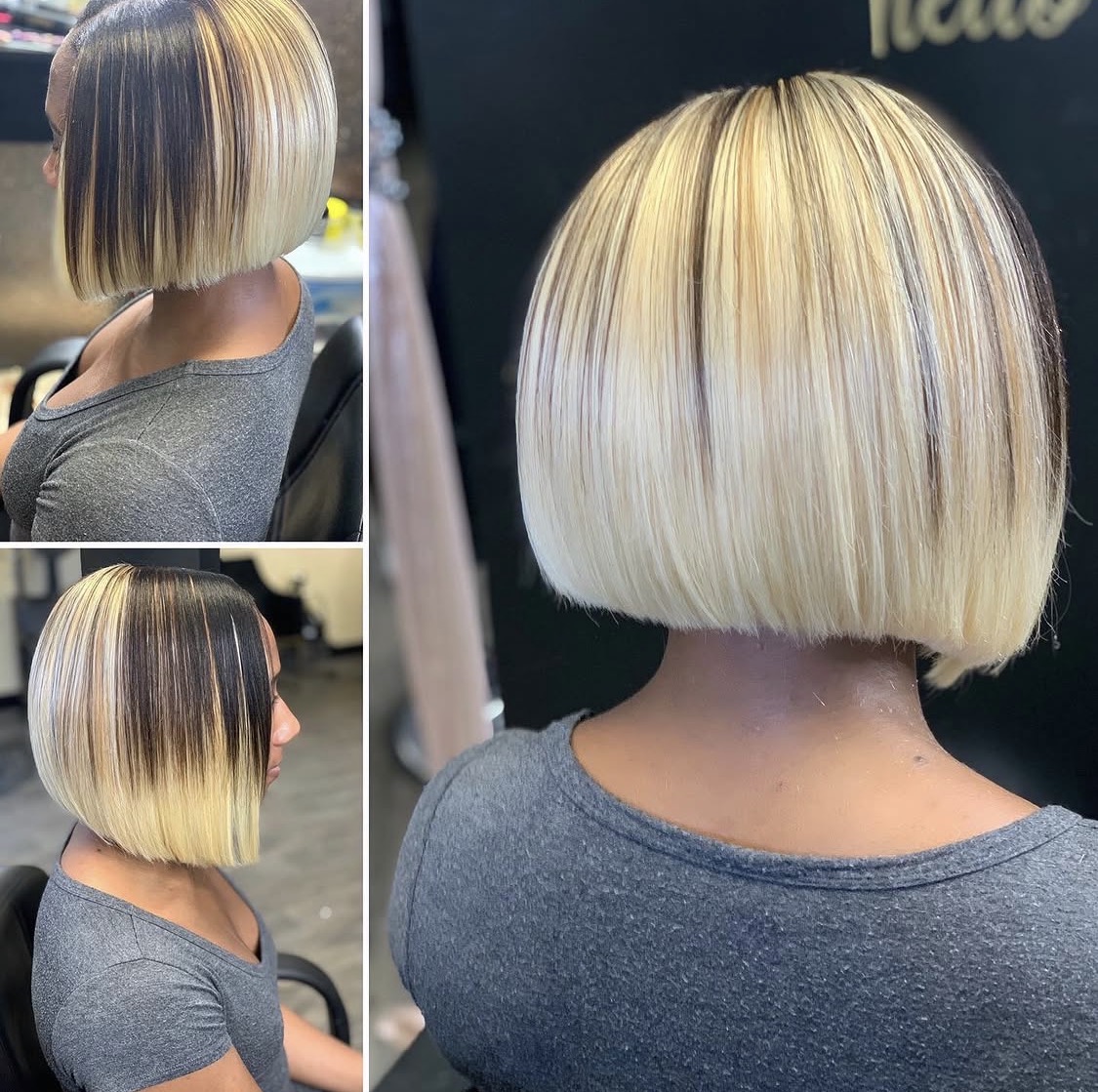 Blonde bob haircut with dark roots, viewed from back and side, on a person wearing a gray shirt.