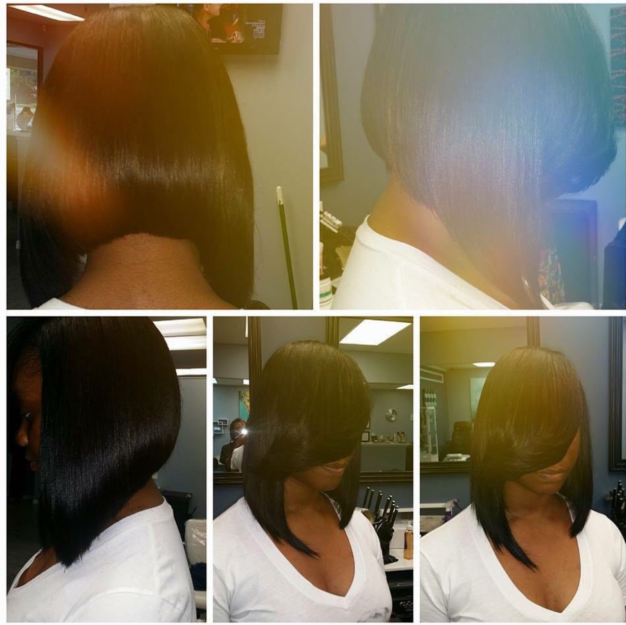Four women with different hairstyles, all with straight, shoulder-length hair, in various settings. One woman has a side-swept bang.