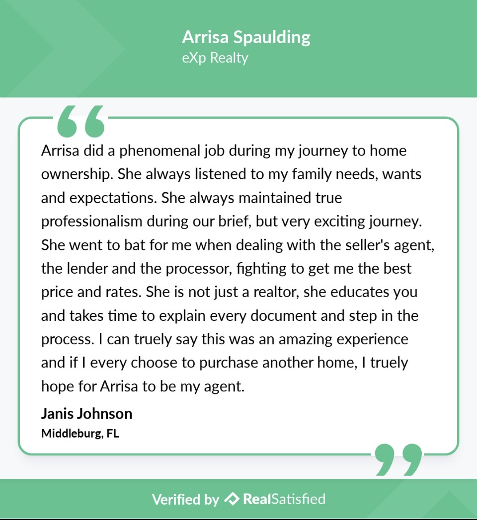 Testimonial praising Arrisa Spaulding for excellent service in homeownership, from Janis Johnson in Middleburg, FL, with a verified badge.