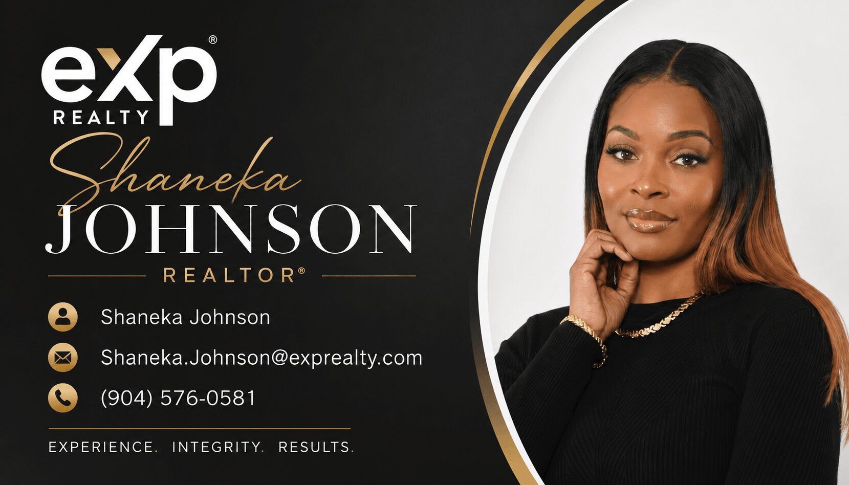 Business card featuring a woman with long dark hair, black top, and contact details for Shaneka Johnson, realtor.