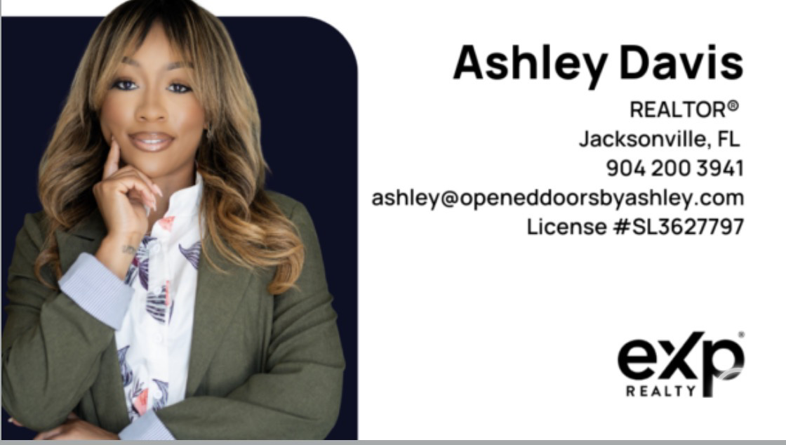 Business card with a woman in a blazer and scarf, contact details, and realty company logo.