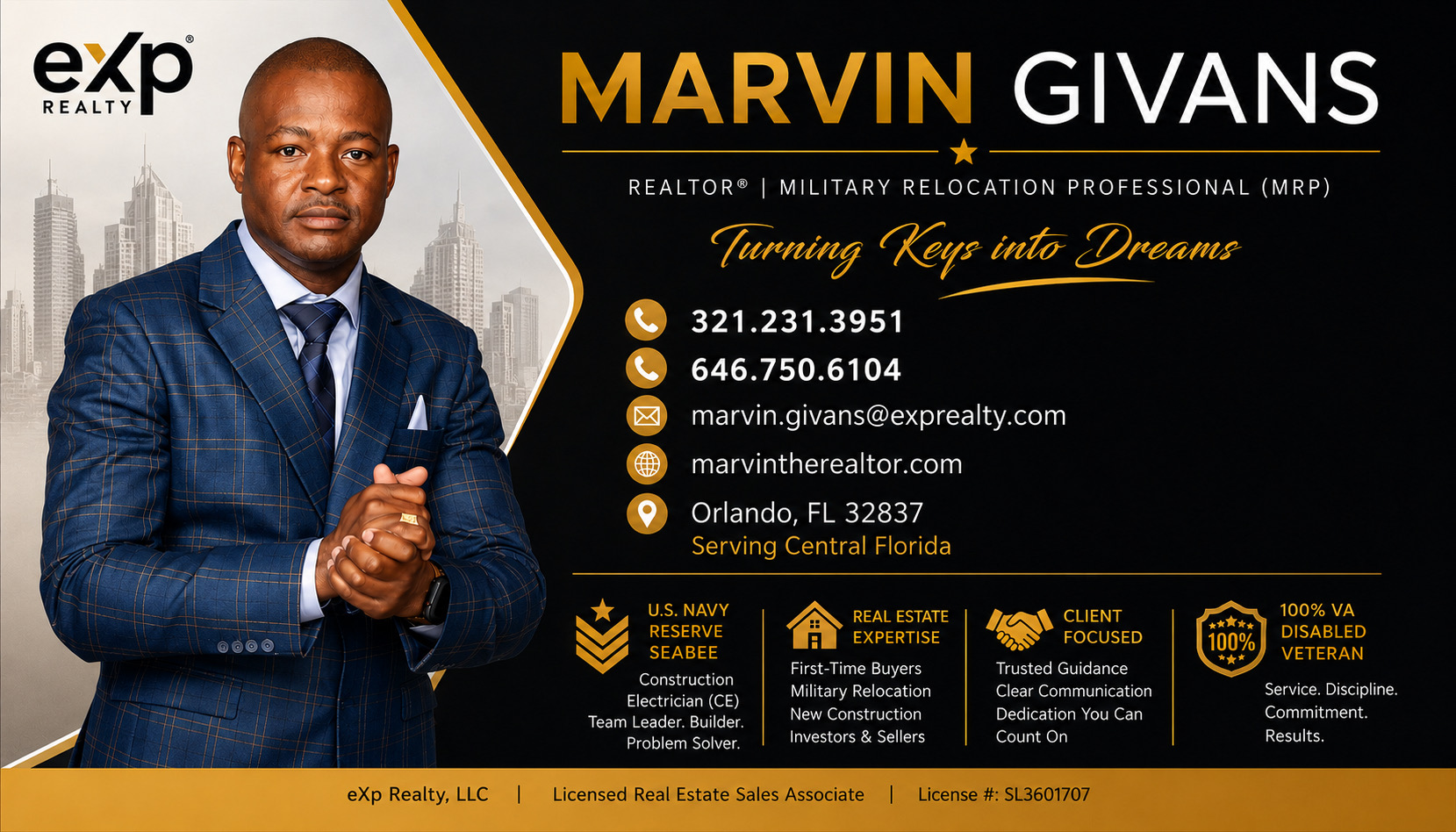 Marvin Givans in a suit, holding a pen, with contact details and real estate logos, standing against a cityscape background.