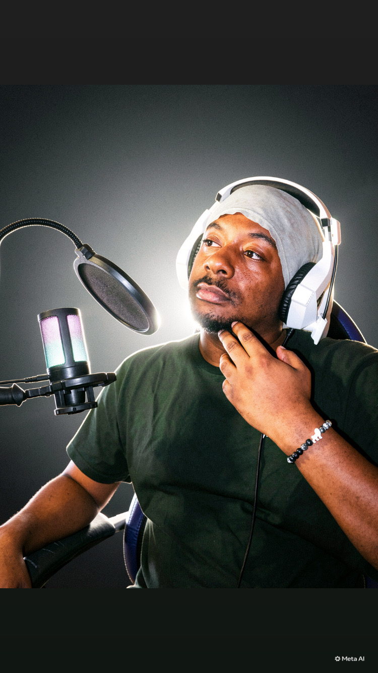 Person wearing headphones and a gray cap, sitting in front of a microphone in a recording studio.