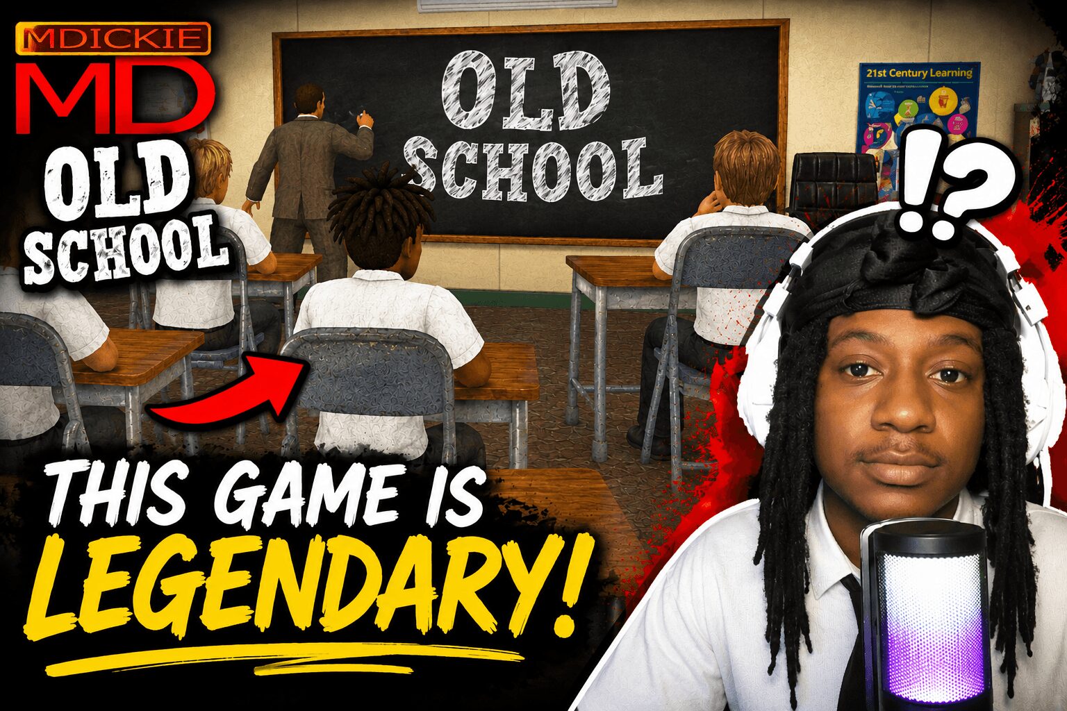 Classroom with students facing a blackboard that says 'Old School,' and a person with dreadlocks holding a cup, with text about a game being legendary.