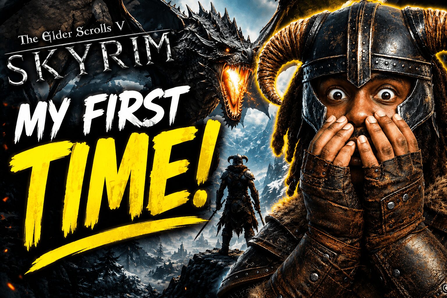 A person in Viking armor covers their mouth with hands, with a dragon and a warrior in the background, and text about Skyrim.