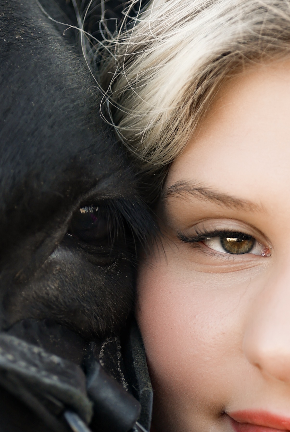 Close-up of a girl and a black dog resting their heads together, showing their faces side by side.