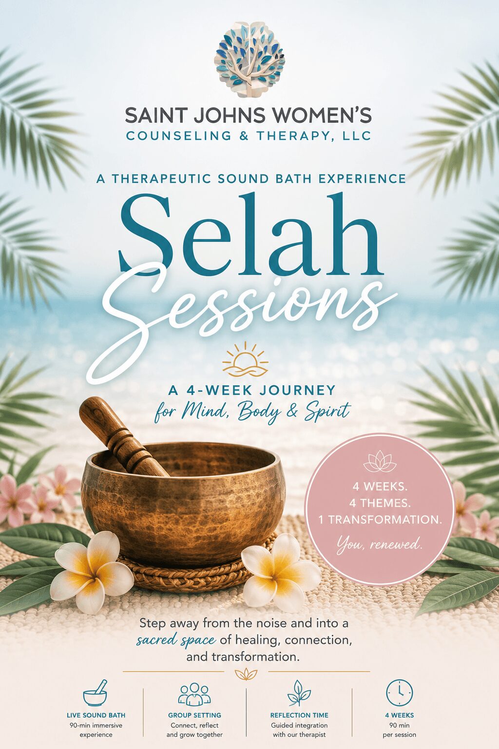 Book cover with a wooden singing bowl, flowers, and palm leaves, promoting Selah Sessions for healing and transformation.