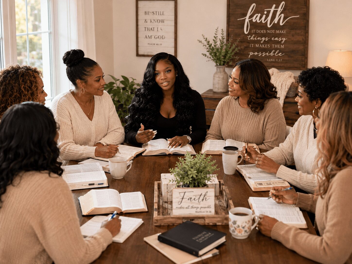 Group of women sitting around a table in a meeting room, engaging in discussion, with notebooks and coffee cups present.
