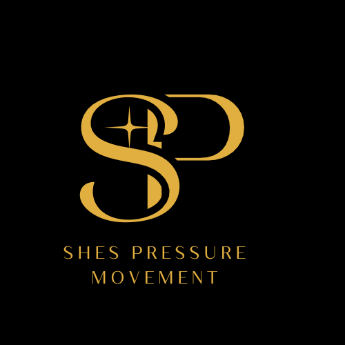 Gold logo with intertwined letters 'S' and 'P' on black background, with text 'SHES PRESSURE MOVEMENT' below.