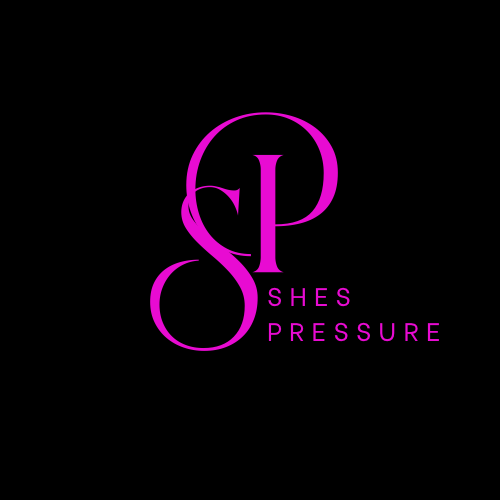 Pink logo with stylized letters and the text 'SHES PRESSURE' on a black background.