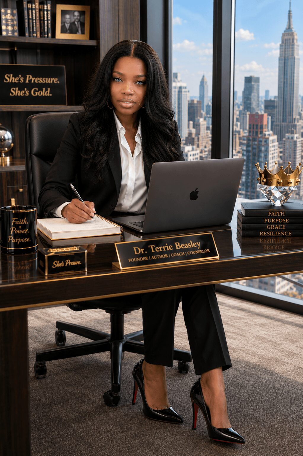 Woman sitting at desk with laptop, city skyline view, books, and awards, in office setting.