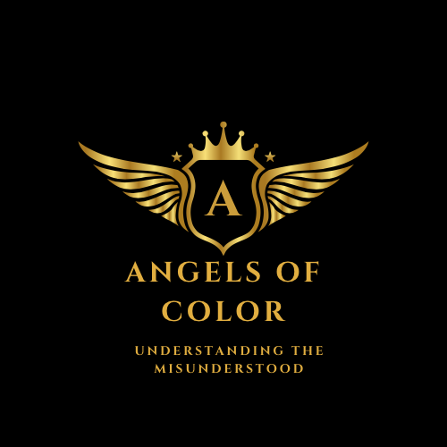 Gold logo with wings, crown, and letter A, with text 'Angels of Color' and 'Understanding the Misunderstood' on a black background.