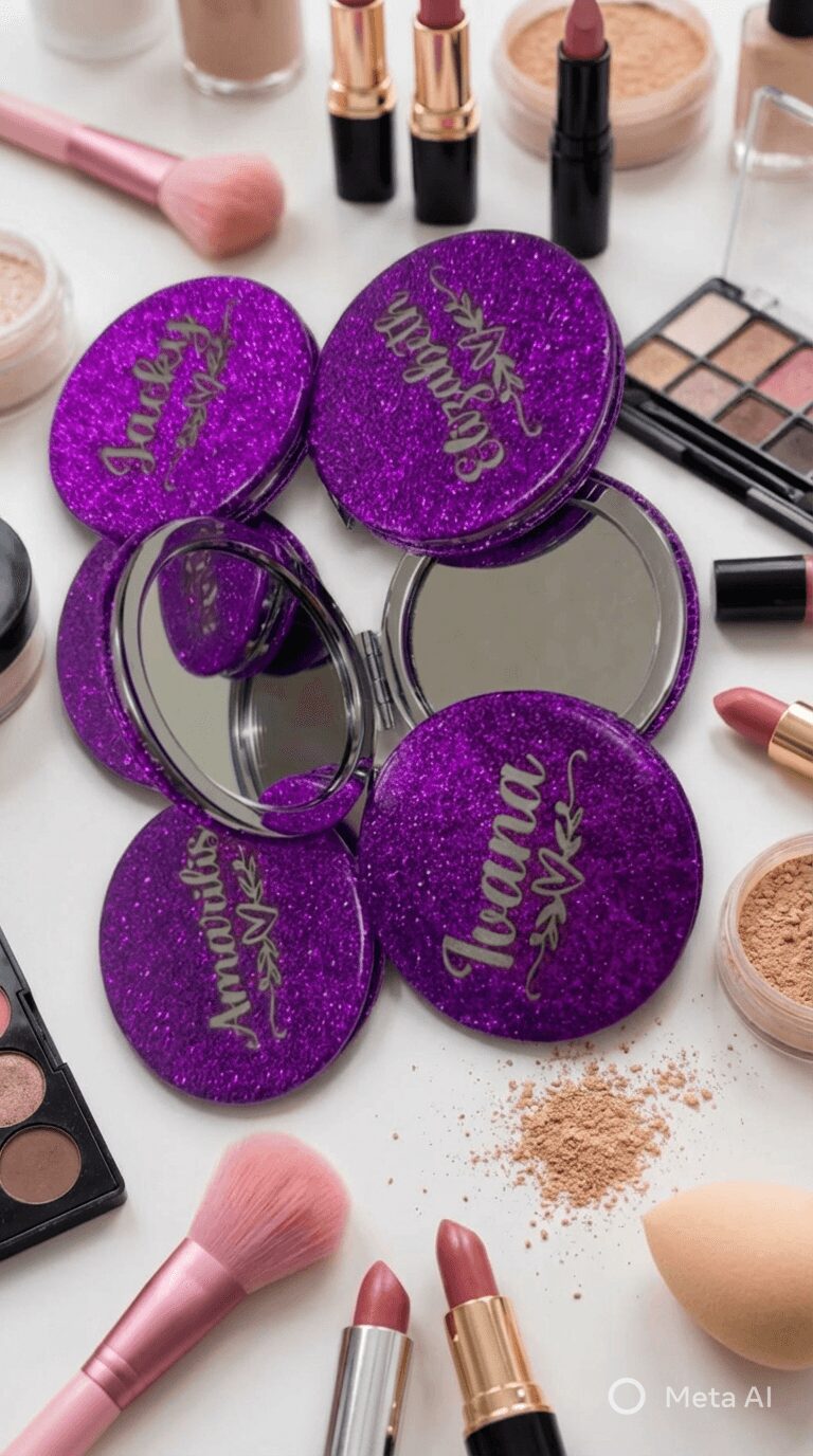 Purple glitter compact mirrors with gold text, surrounded by makeup brushes, lipsticks, eyeshadow palettes, and loose powder on a white surface.