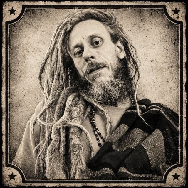 Man with dreadlocks and beard holding a blanket, looking at the camera, vintage-style photo with decorative border.