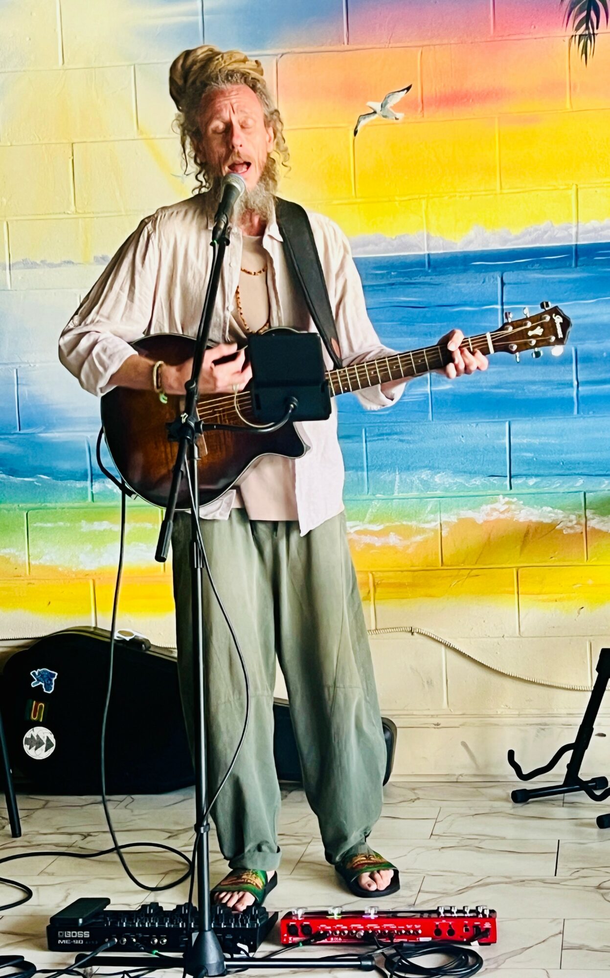 Man with long hair and beard playing guitar and singing into microphone, colorful beach mural background, standing on wooden floor