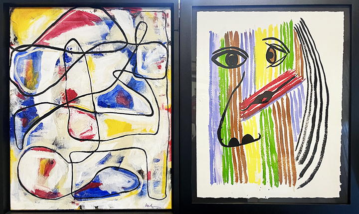 Two abstract paintings, one with colorful shapes and lines, the other with a face and vertical stripes, framed side by side.