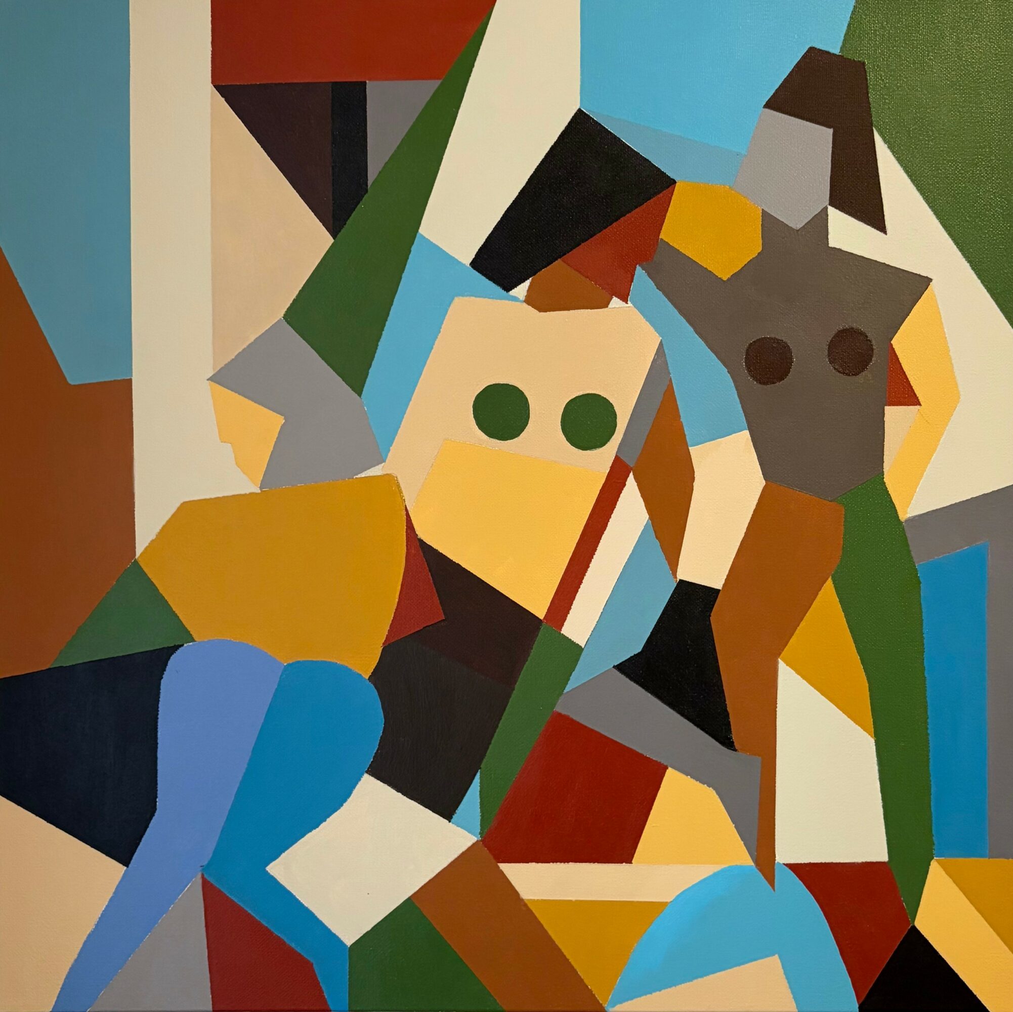 Abstract geometric painting with human figures and shapes in various colors and angles.