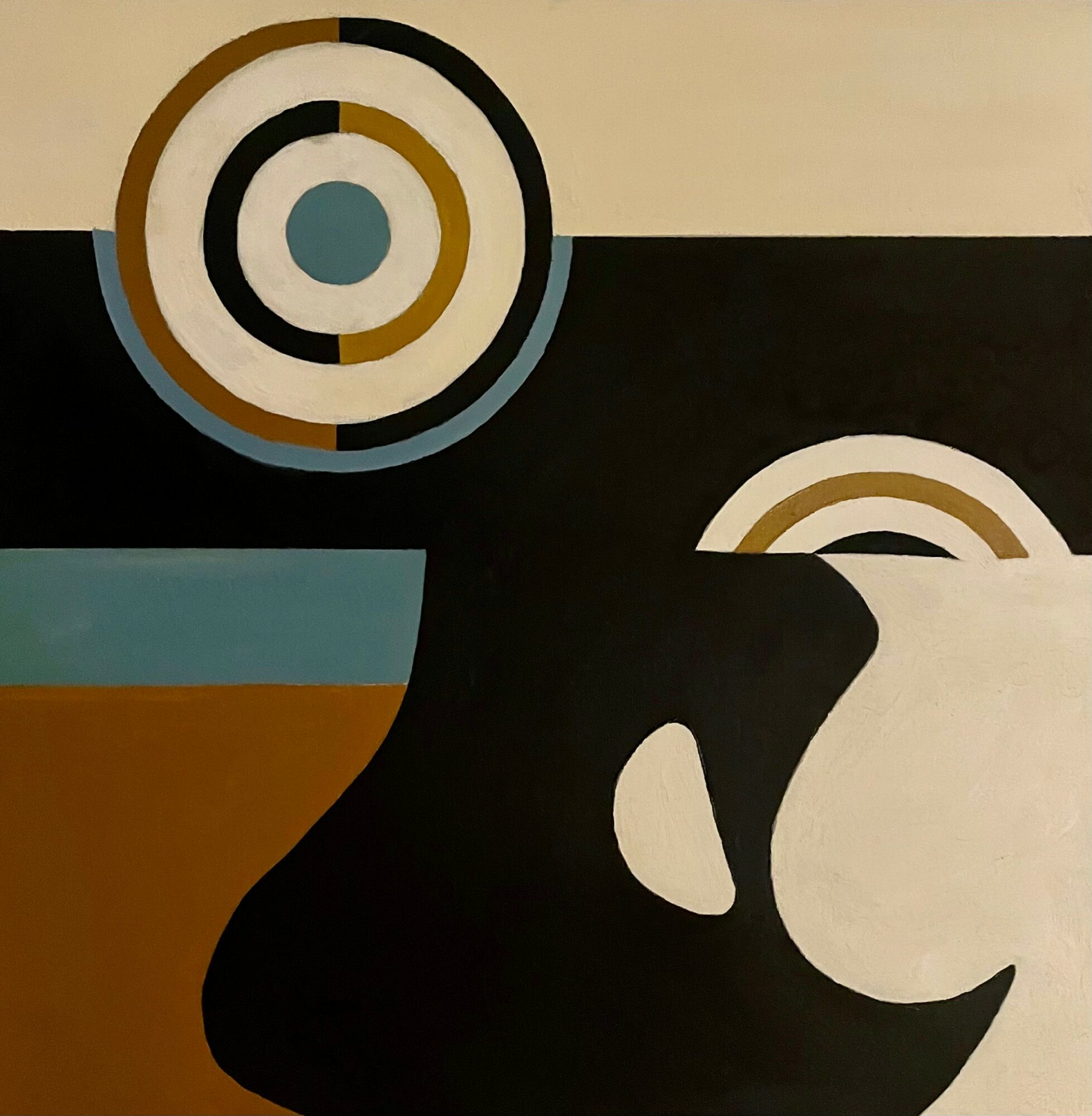 Abstract geometric painting with circles, a vase, and color blocks in black, white, blue, and brown.