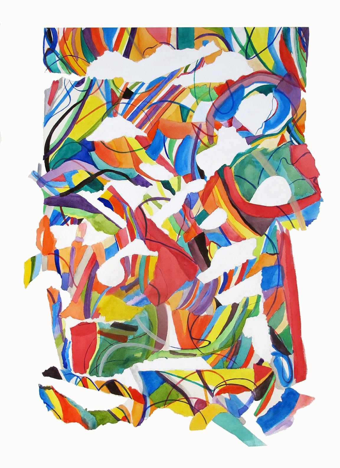 Colorful abstract torn paper collage with various shapes and vibrant colors.