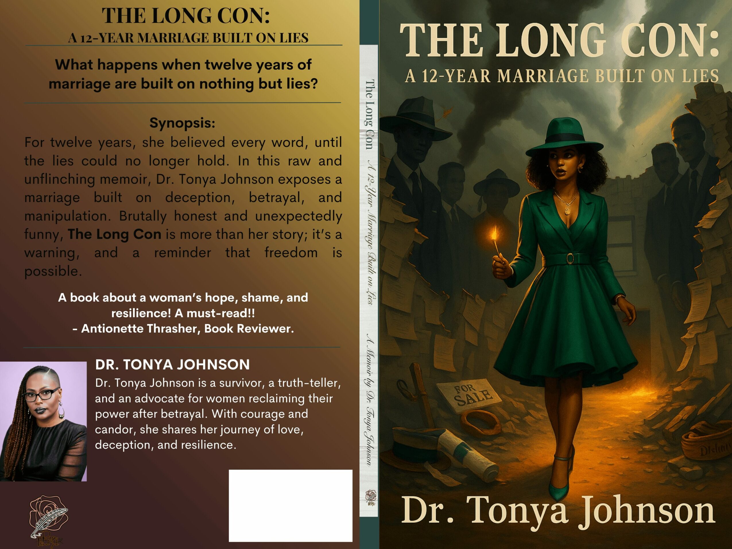 Book cover titled 'The Long Con' featuring a woman in a green dress and hat, standing in a dimly lit room with a fireplace.
