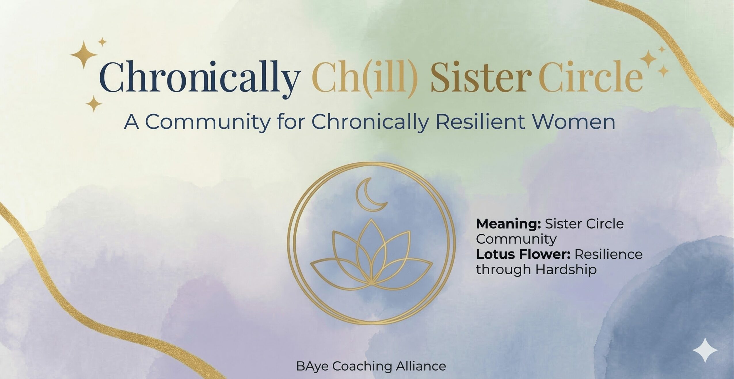 Title page for Chronically Sister Circle, a community for resilient women, with lotus flower symbol and descriptive text.