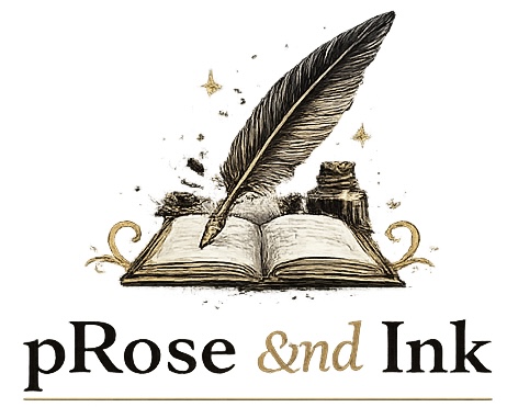 Open book with a feather quill and ink bottle, with the text 'pRose &nd Ink' below, on a white background.