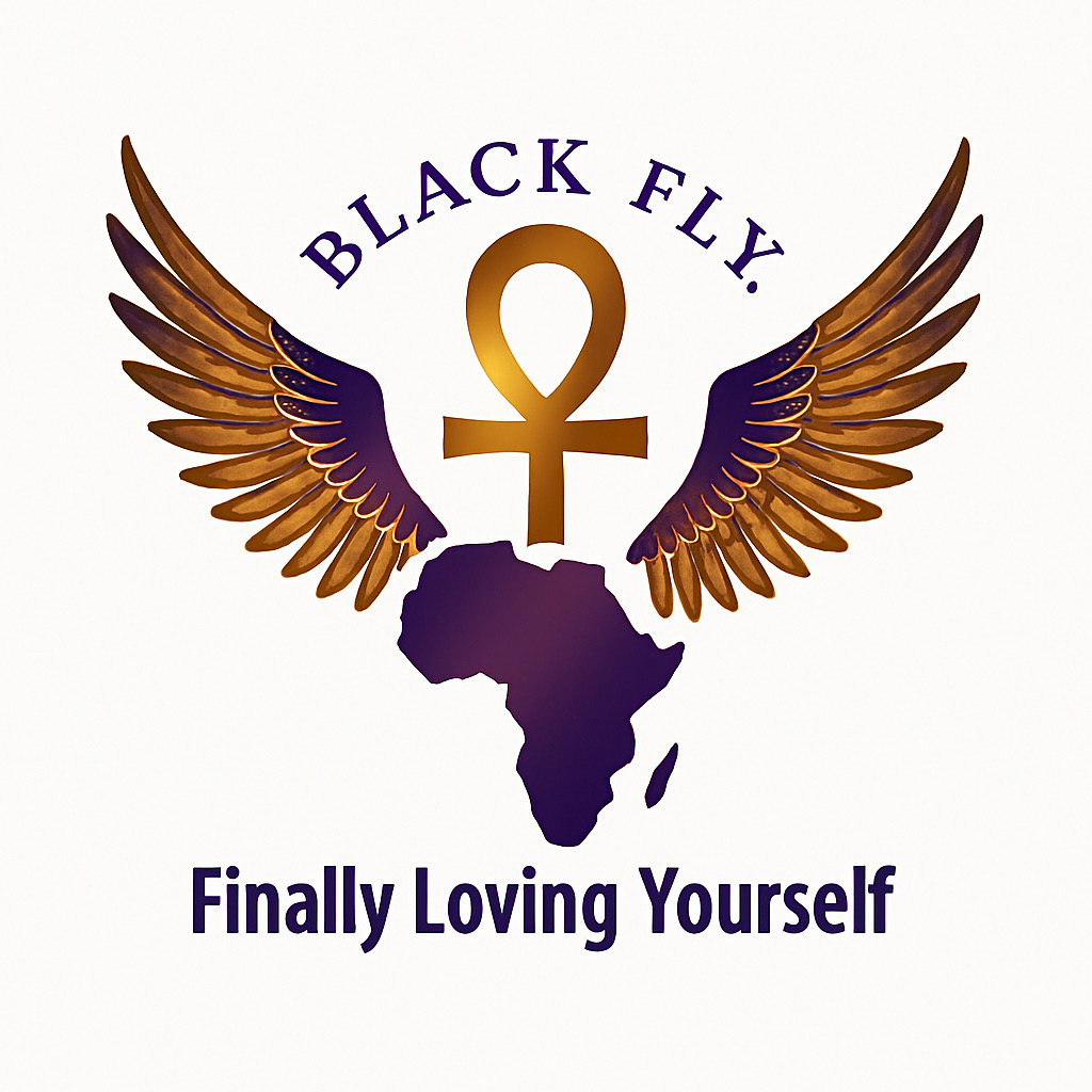 Logo with an ankh symbol, wings, and Africa map, with text 'BLACK FLY.' and 'Finally Loving Yourself'.