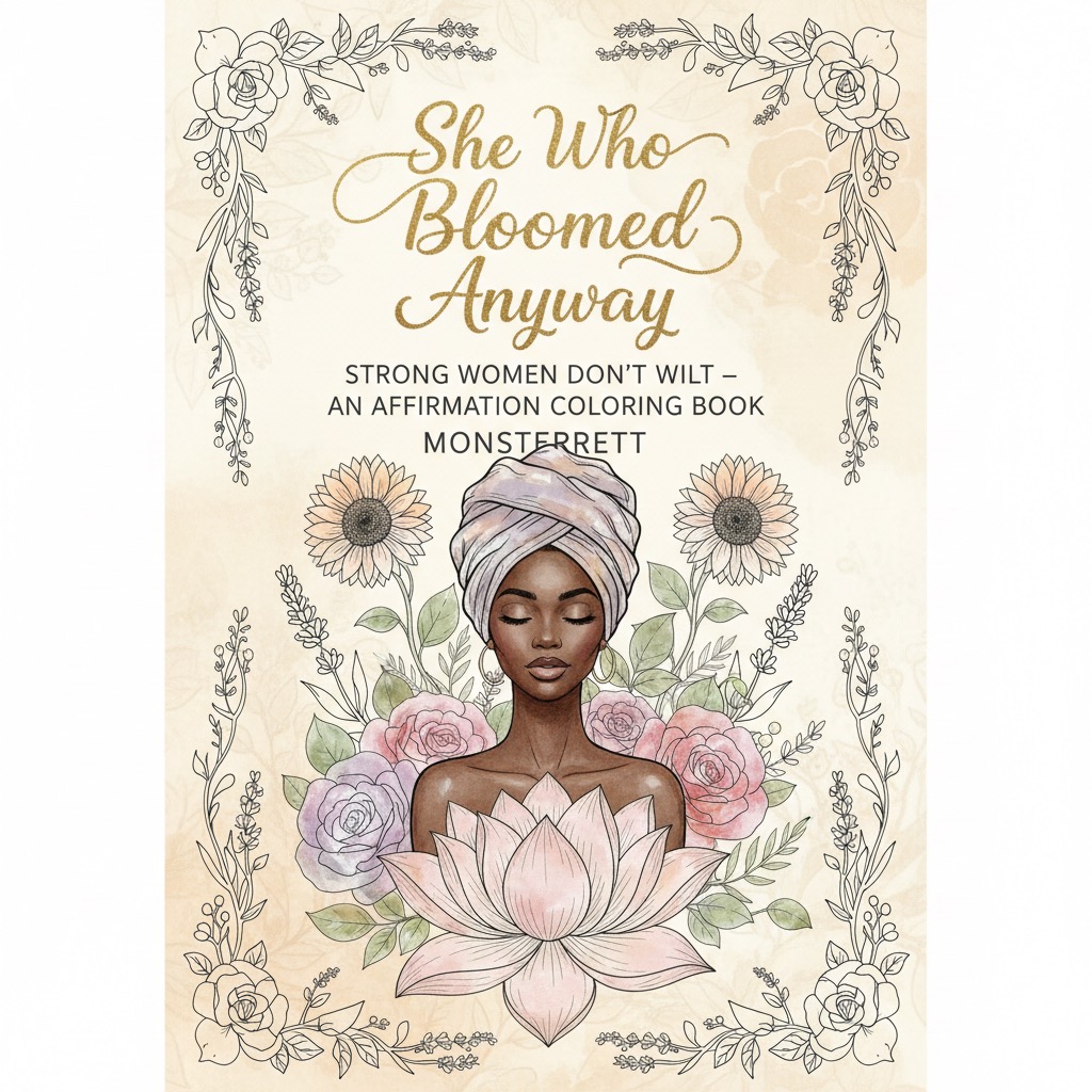 Book cover with a woman wearing a headwrap, surrounded by flowers, and text about empowerment and affirmation.