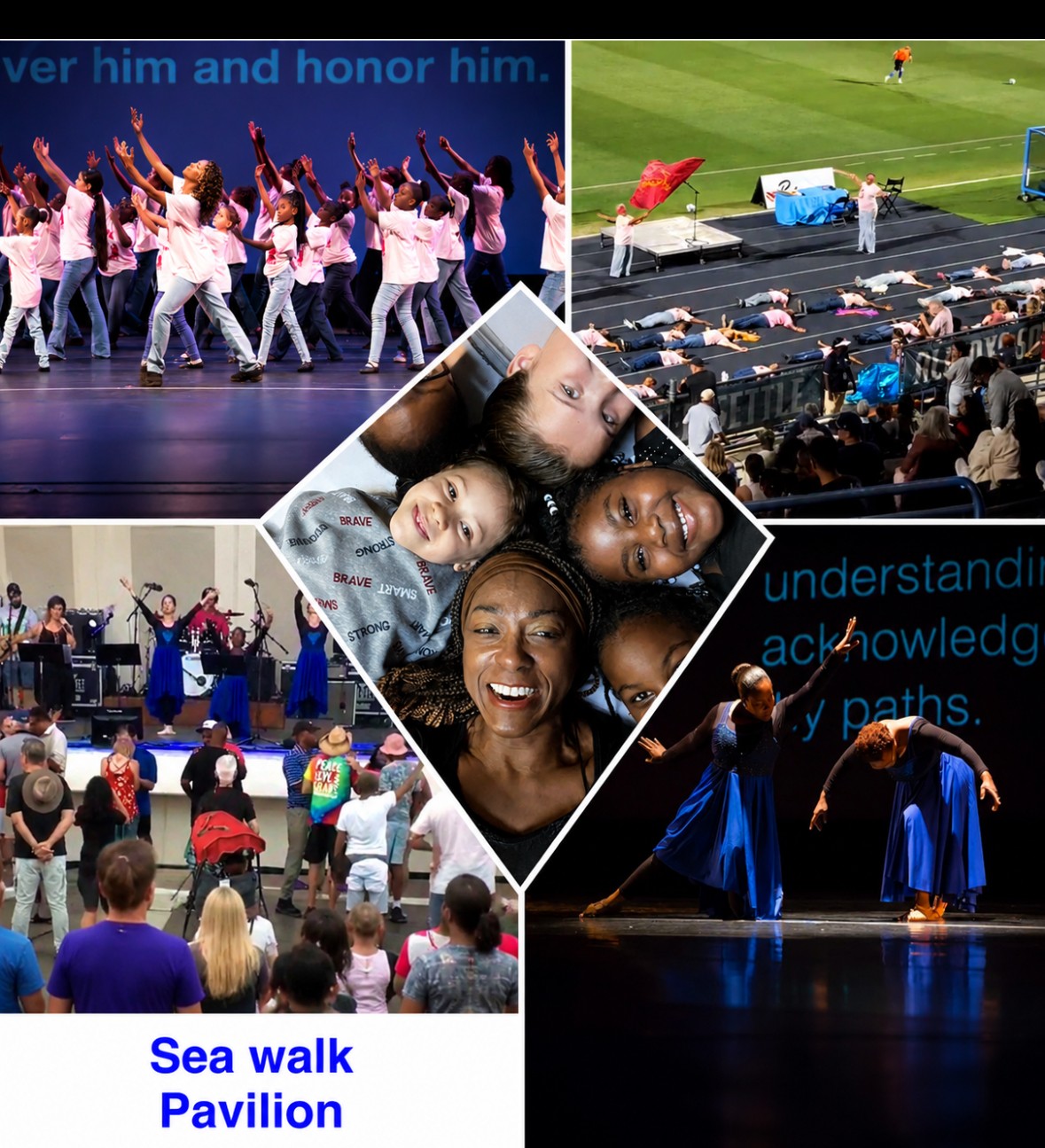 Collage of four images: dance performance, sports event, group of diverse people smiling, and graduation ceremony.