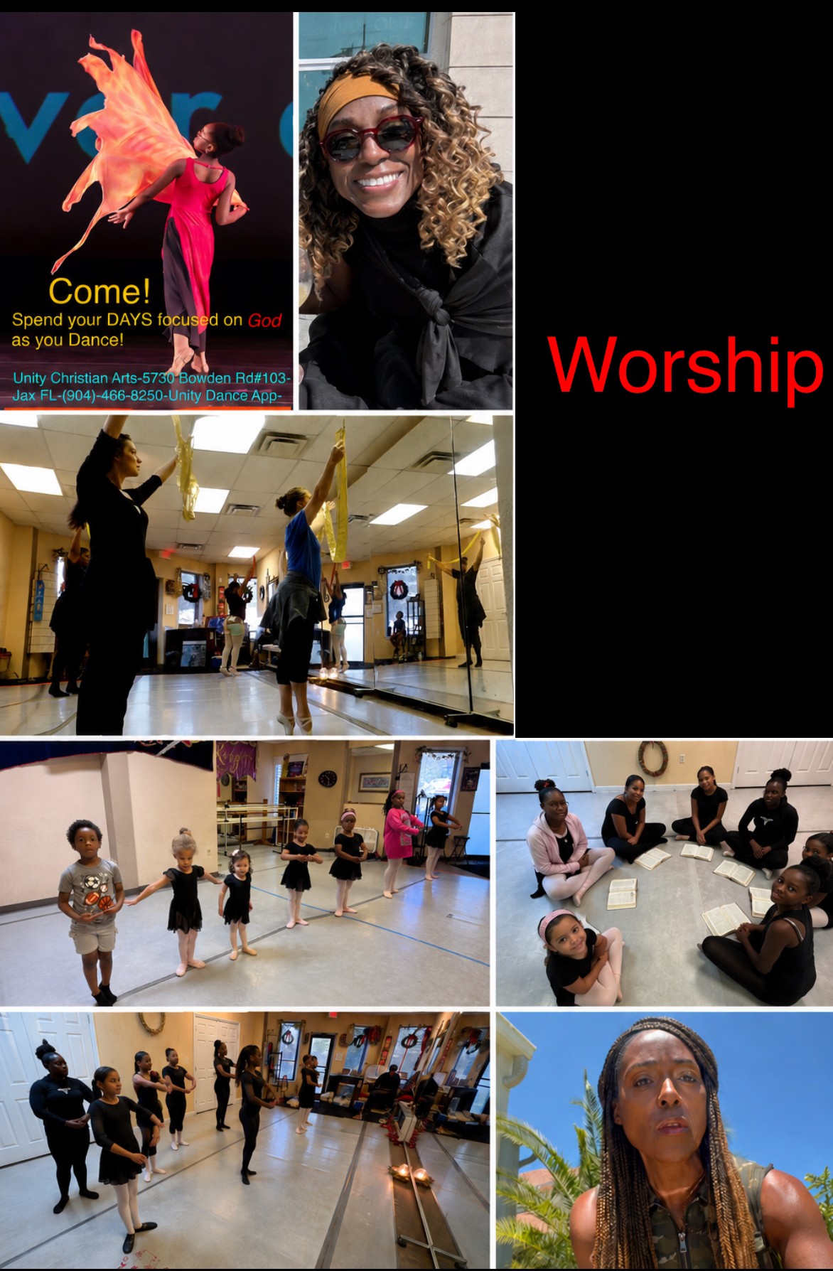 Collage of six images: a person with a pink hand sculpture, smiling woman with sunglasses, people singing in a church, group of children dancing, people sitting in a circle, woman outdoors with long hair.