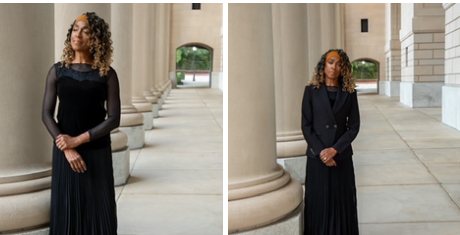 Woman in black dress and blazer standing outdoors near columns, facing forward, hands clasped, in a formal setting.