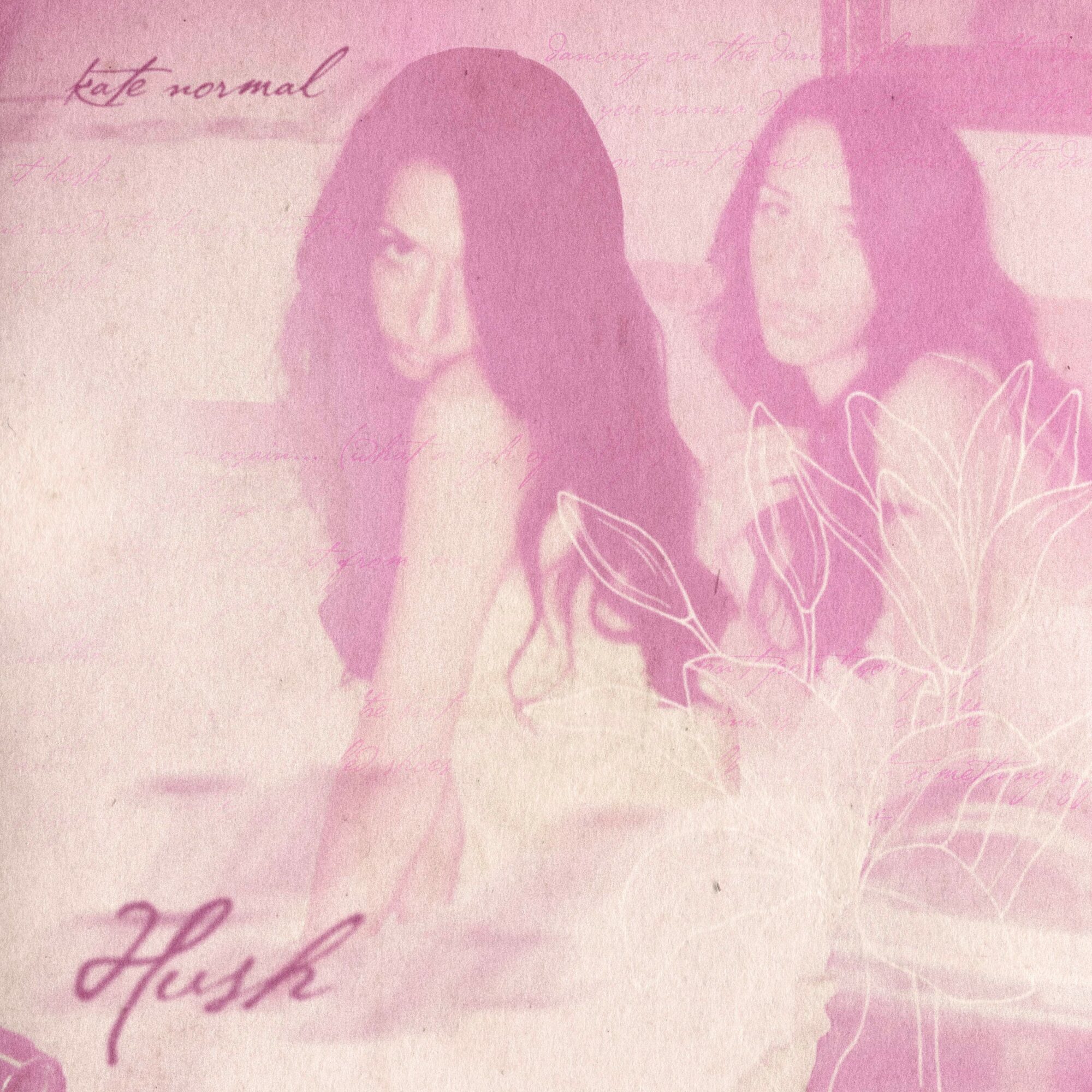 Two women with long dark hair sitting close together, surrounded by pink floral illustrations, in a soft pink tone.