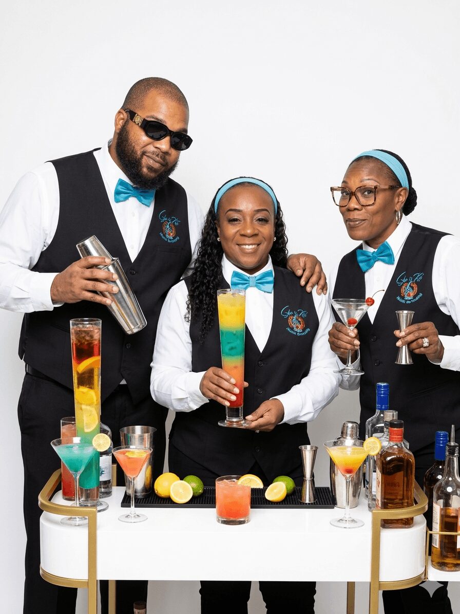 Four people in formal attire with colorful cocktails and bar tools, smiling at a bar setup against a white background.