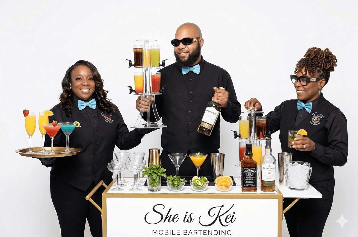 Three bartenders in black suits with blue bow ties serve colorful drinks behind a bar with a sign reading 'She is Kei Mobile Bartending.'