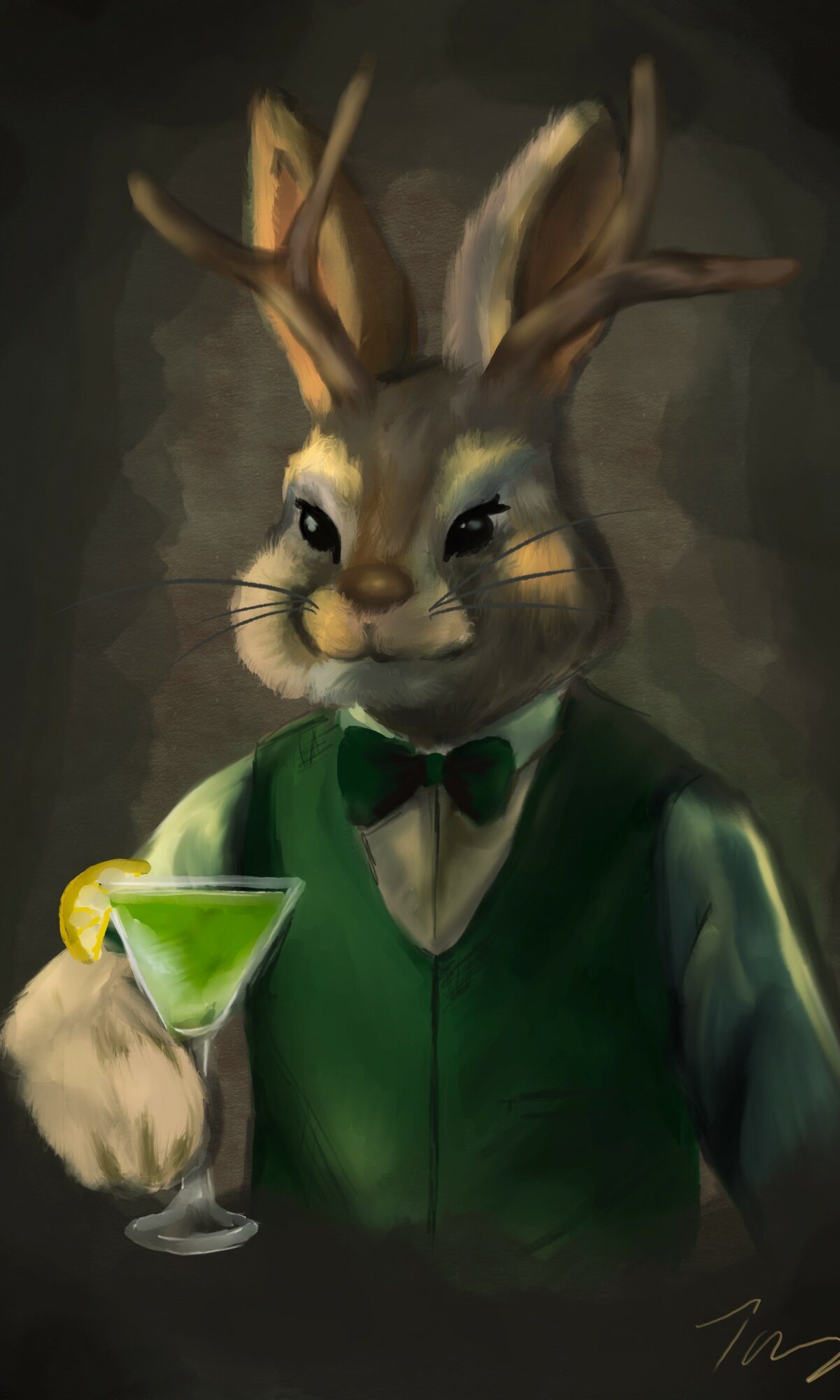 Anthropomorphic rabbit with large ears, dressed in a green vest and bow tie, holding a green cocktail with a lemon slice.