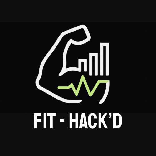Logo with a flexed arm, bar chart, and heartbeat line, with text 'FIT - HACK'D' below, on a black background.