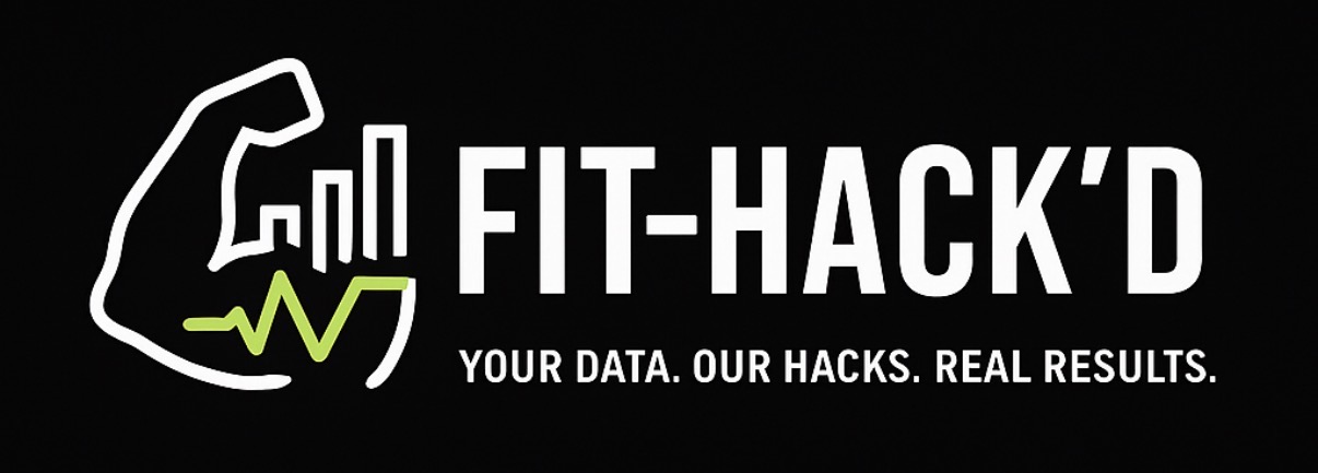 Logo with a flexed arm, bar chart, and heartbeat line, with text 'FIT-HACK'D' and slogan 'Your data. Our hacks. Real results.'