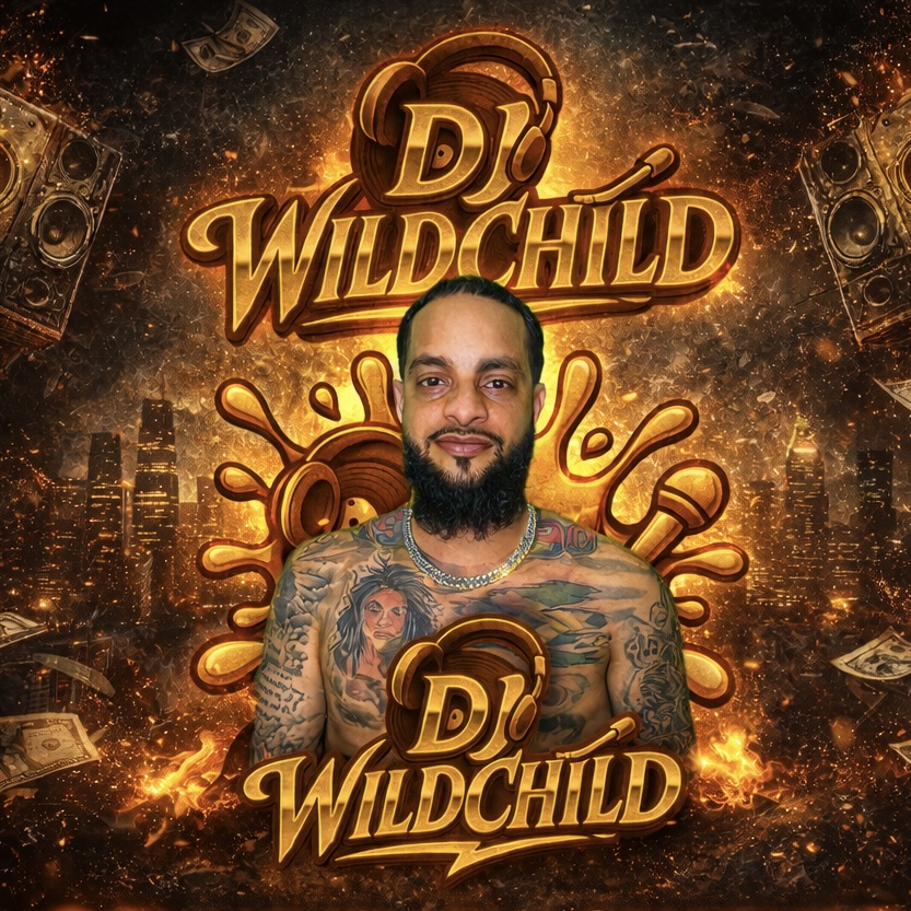 A shirtless man with tattoos and a beard stands in front of a fiery background with DJ Wild Child text.