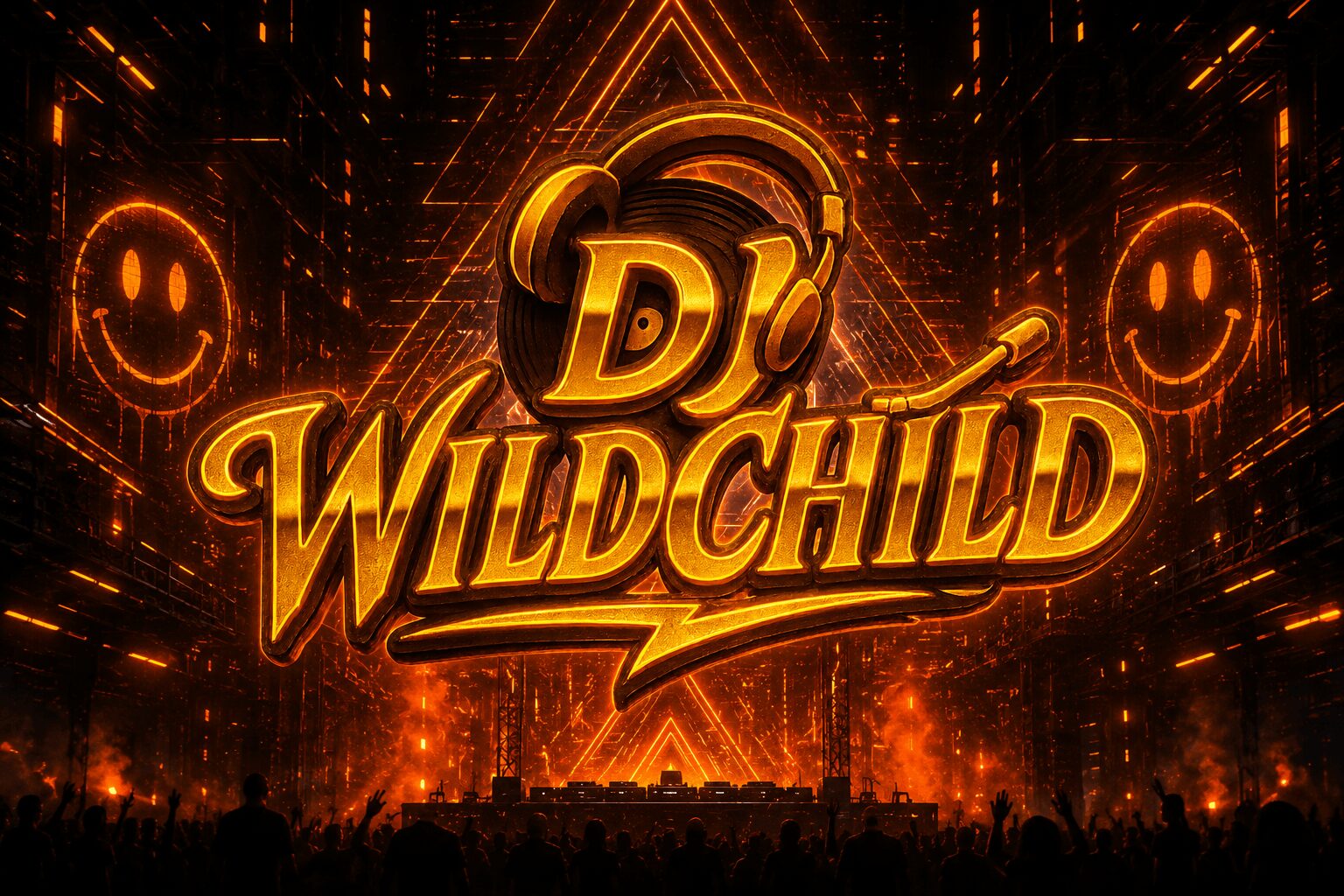 Bright orange and yellow DJ Wildchild logo with headphones, surrounded by smiling faces and light effects, on a dark background.