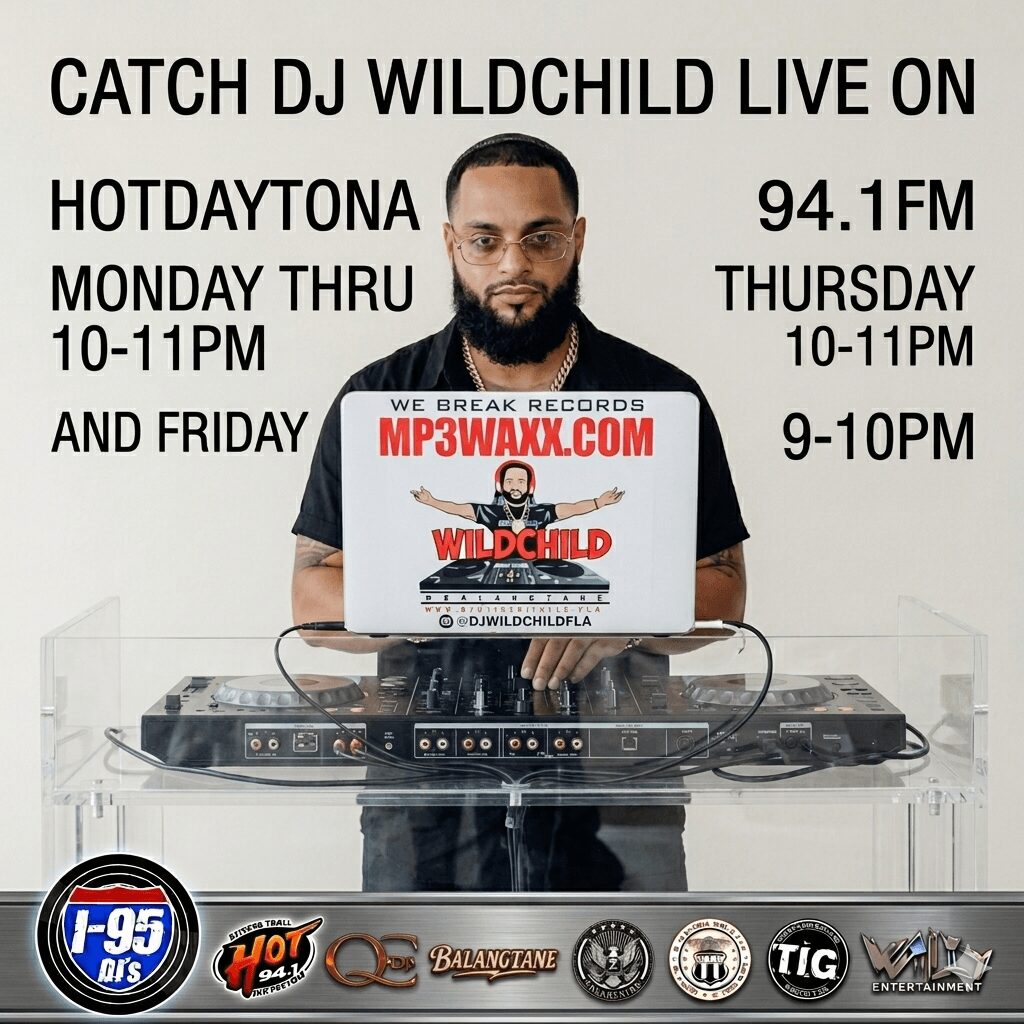Man with beard behind DJ equipment, promotional text for radio show, schedule details, and logos on a white background.