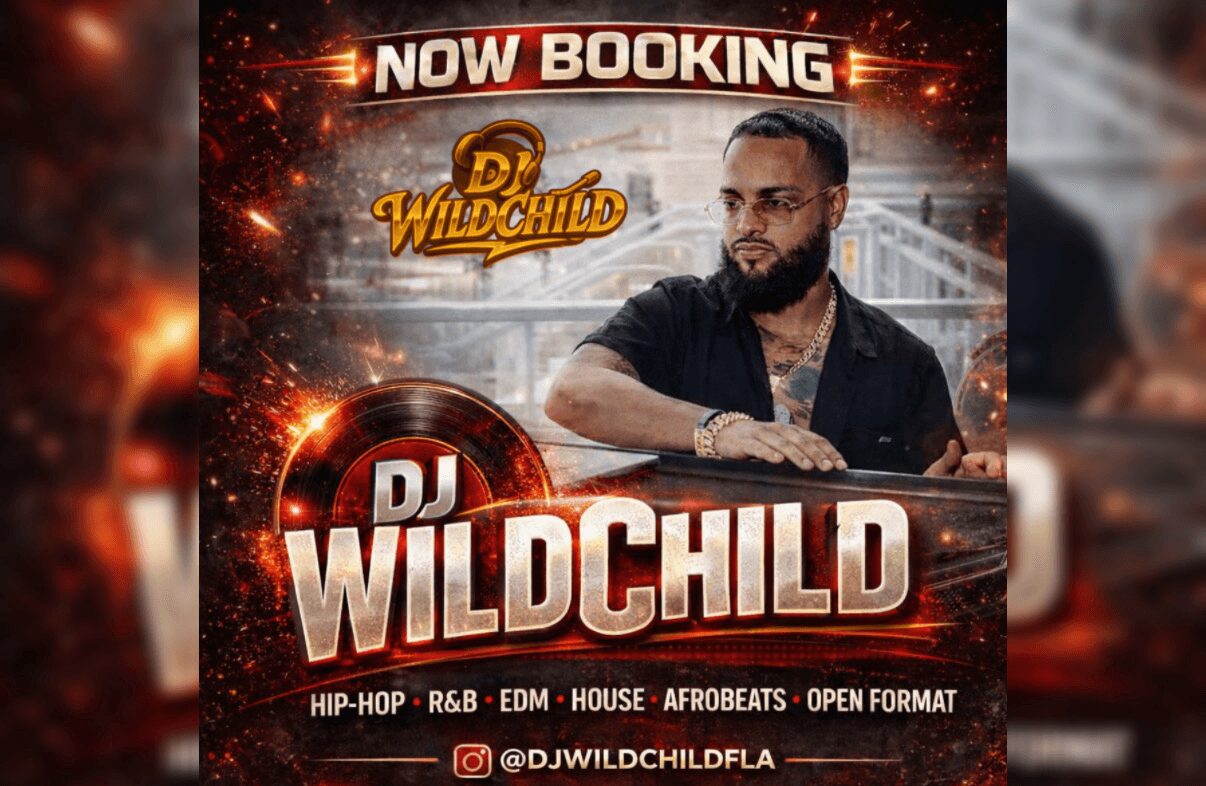 Promotional poster for DJ Wildchild with a man in black shirt, text about booking, and DJ Wildchild logo.