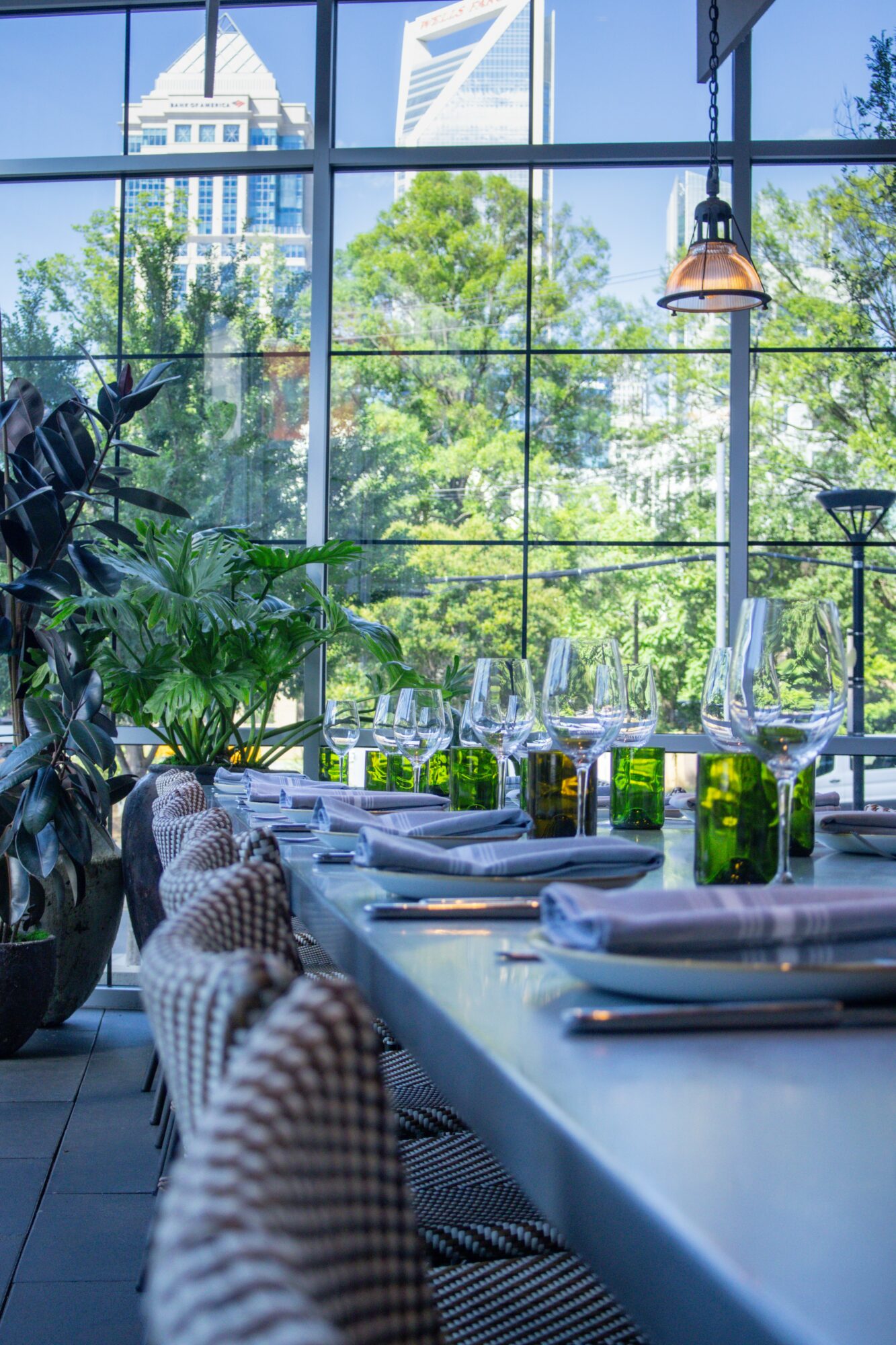 Indoor dining area with large windows showing trees and city buildings outside, set with glasses, plates, and green plants.