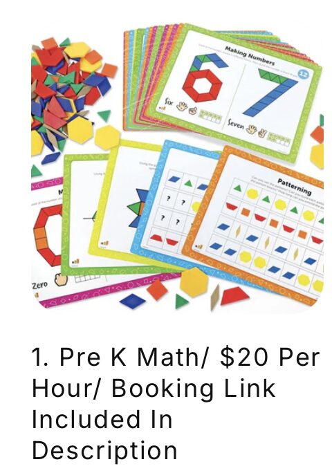 Educational math flashcards and colorful geometric shapes for children, with text about pre-kindergarten math classes costing $20 per hour.