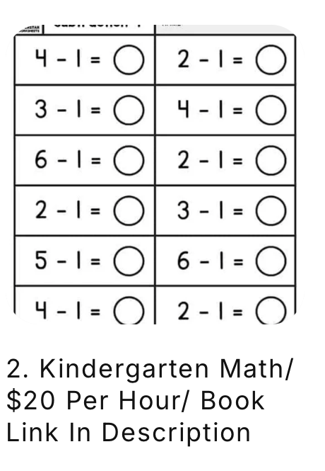 Math worksheet with subtraction problems and circles for answers, and text about kindergarten math books costing $20 per hour.
