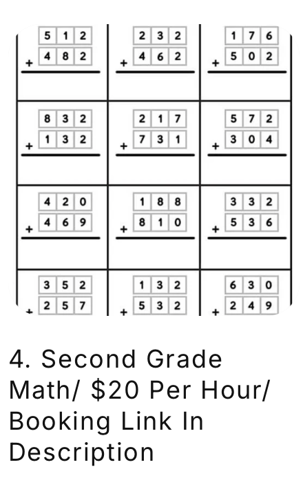 Collection of math addition problems with numbers and sums, arranged in a grid, with text about second grade math and booking link.