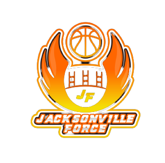 Jacksonville Force logo with basketball, flames, and text, on a black background.