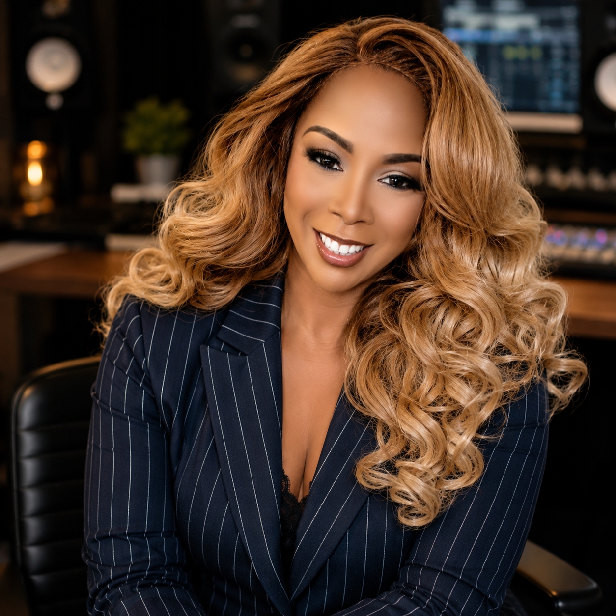 Woman with long, curly blonde hair smiling, wearing a dark pinstripe blazer, in a studio setting with music equipment.