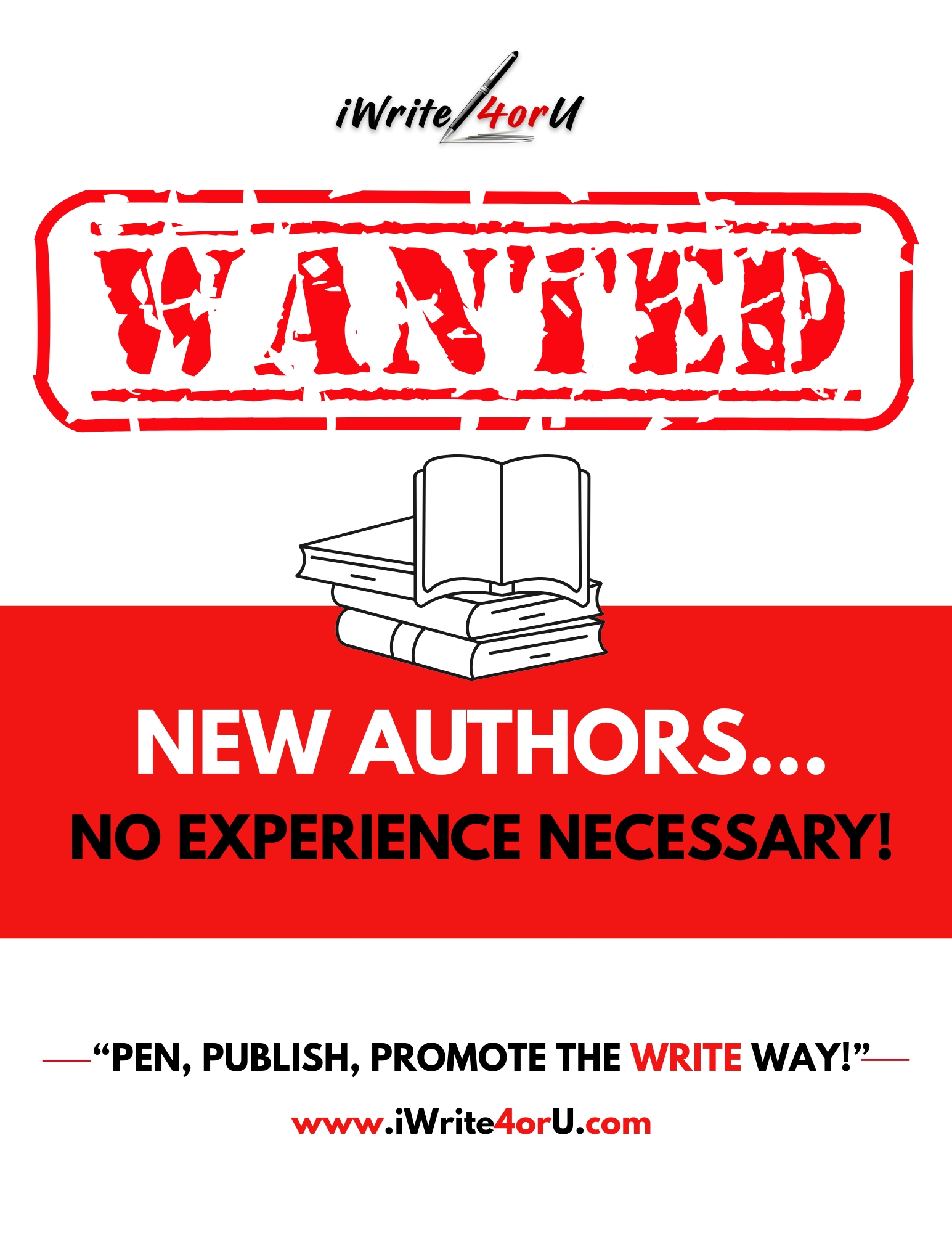 Wanted poster with open book illustration, text about new authors, no experience needed, and website link.