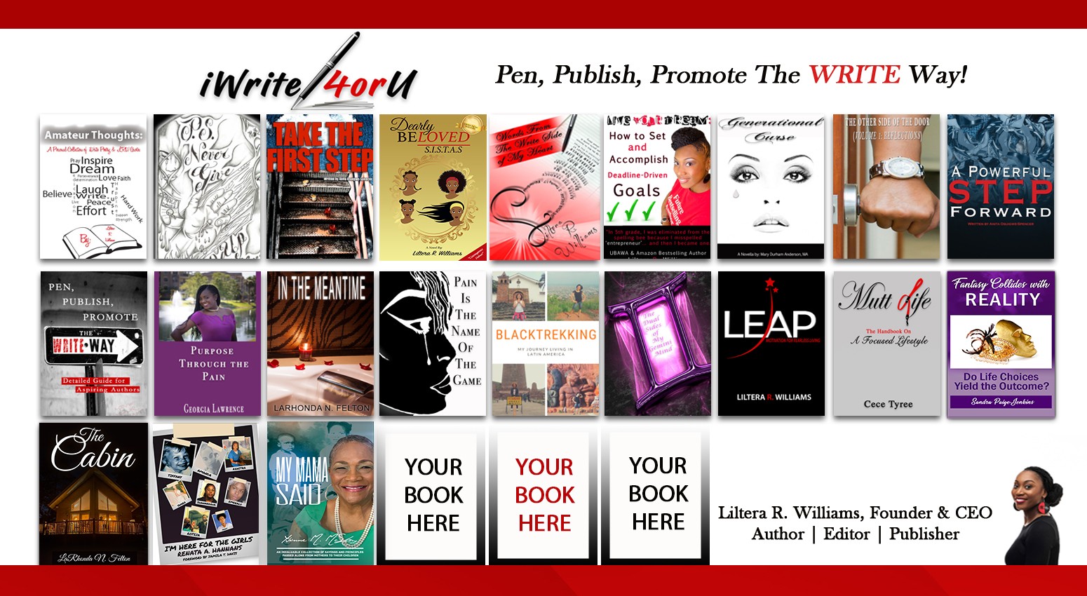 A collage of various book covers and promotional materials for writing and publishing, with some text and images visible.