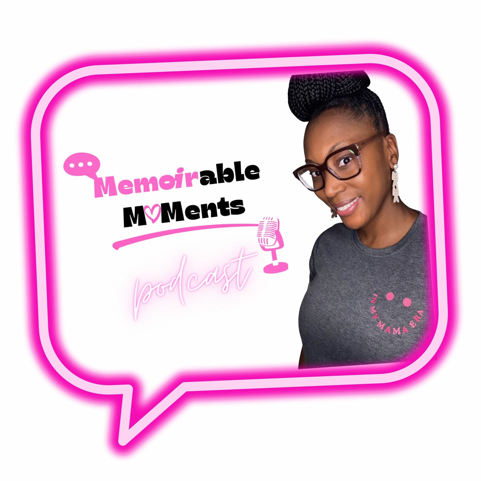 Woman with glasses and braided hair smiling, wearing a gray shirt with pink design, inside a pink speech bubble. Word collage background.